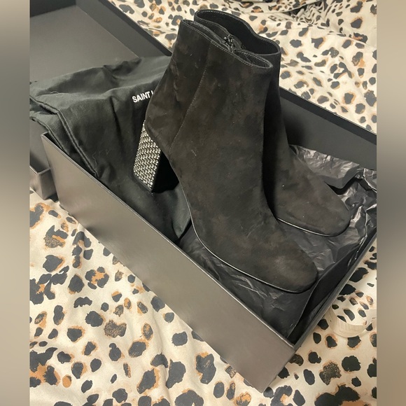 Saint Laurent - Suede Crystal Studded Babies 70 Ankle Boots 38.5 Black - Picture 3 of 12
